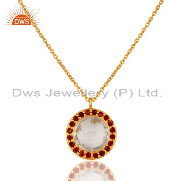 18k yellow gold plated sterling silver crystal quartz & garnet pendant necklace