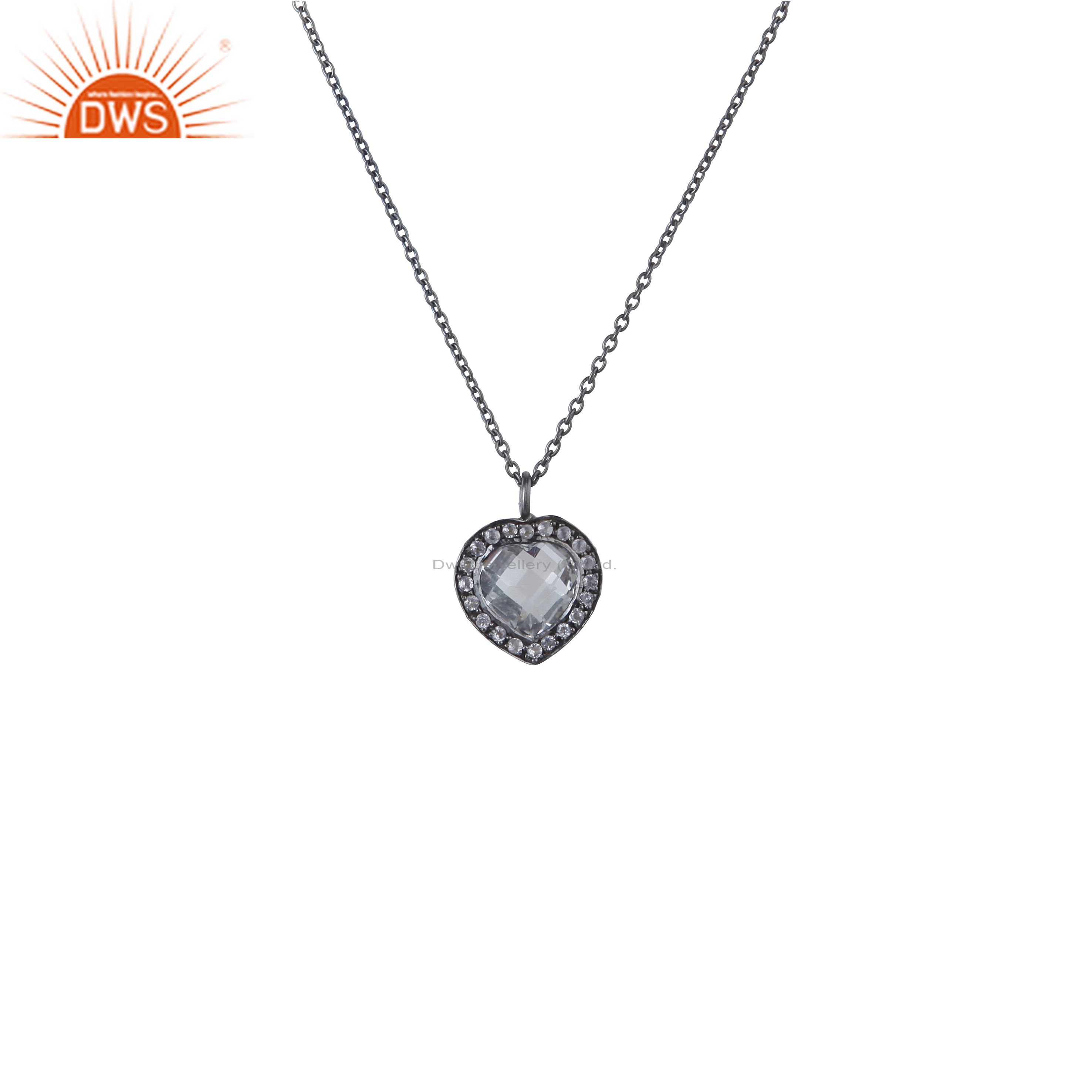 Oxidized sterling silver crystal quartz and white topaz heart pendant with chain