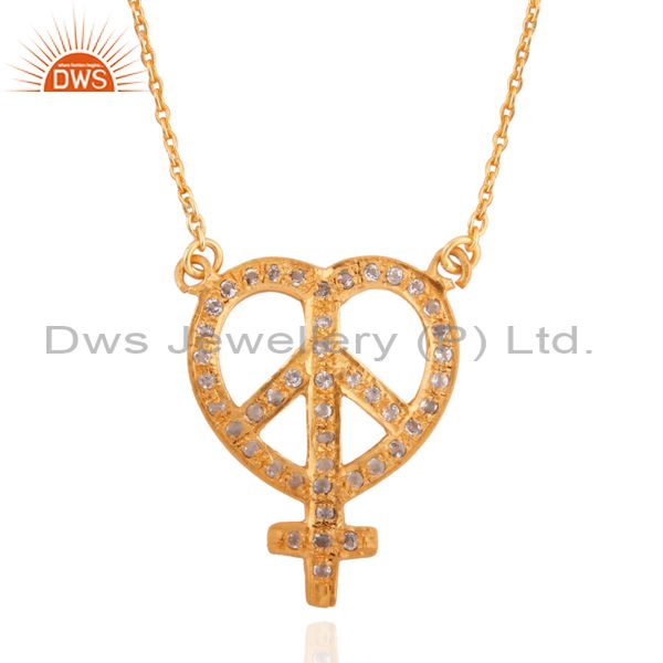 22k yellow gold plated sterling silver white topaz peace sign designer necklace