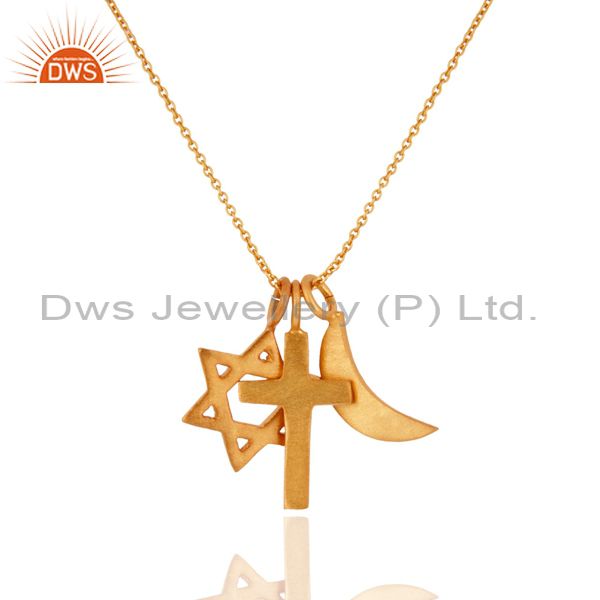 18k yellow gold plated sterling silver cross, half moon and star charms necklace
