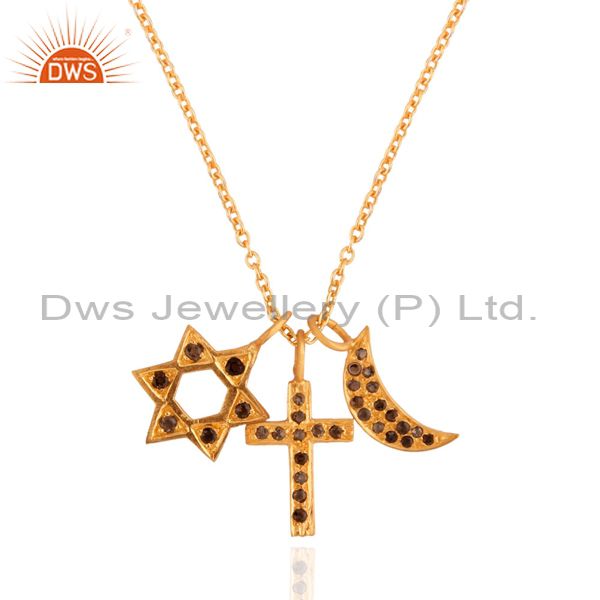 22k yellow gold plated sterling silver smoky quartz star, cross charms necklace