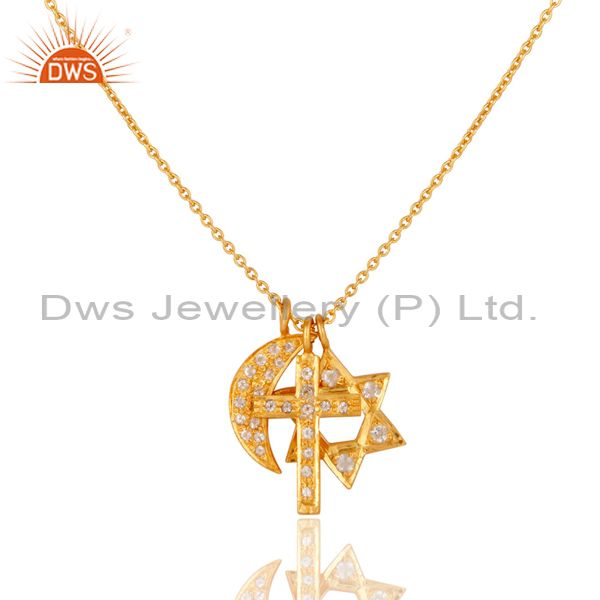 Yellow gold plated silver white topaz cross, half moon & star charms necklace