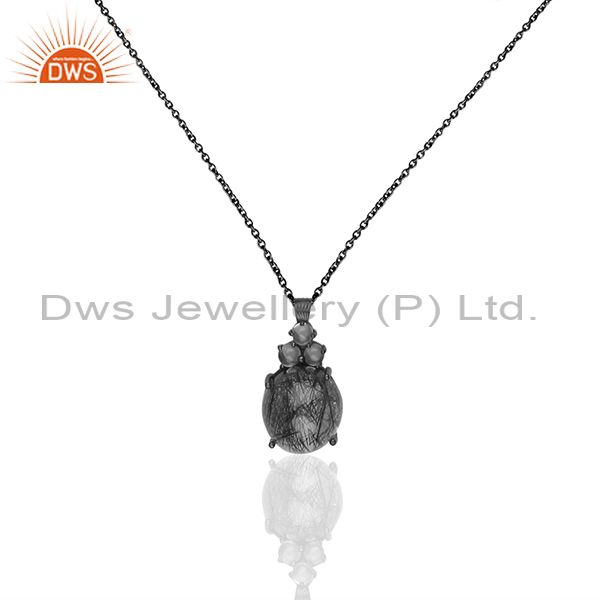 Black rutile and crystal quartz gemstone black silver chain pendant