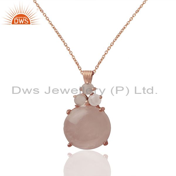 Rose quartz gemstone rose gold plated 92.5 silver chain pendant