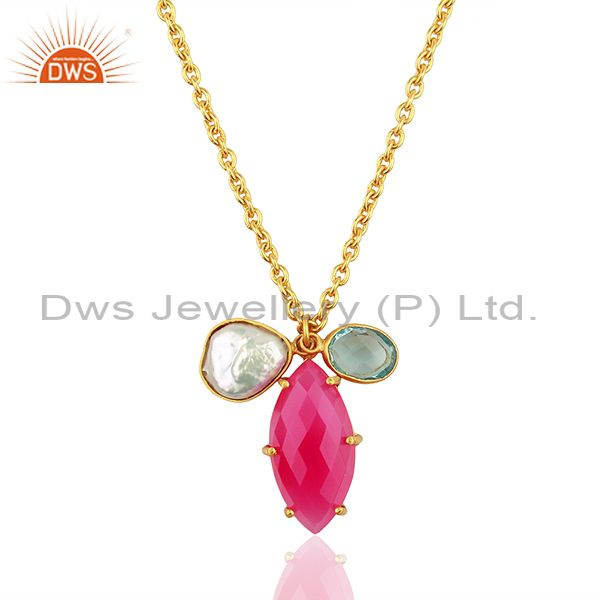 Pearl and pink chalcedony gemstone fashion pendant necklace jewelry