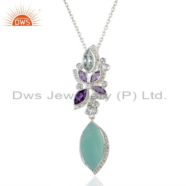 Aqua chalcedony gemstone white topaz gemstone pendant necklace