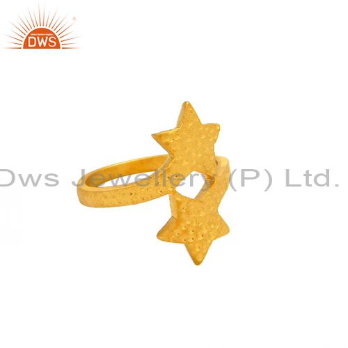 18K Yellow Gold Plated Sterling Silver Textured Double Star Statement Ring