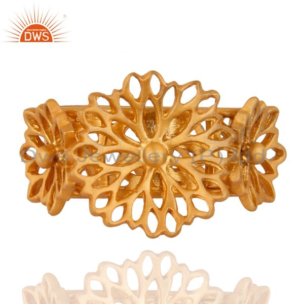 18K Yellow Gold Plated Sterling Silver Filigree Lotus Flower Cocktail Ring