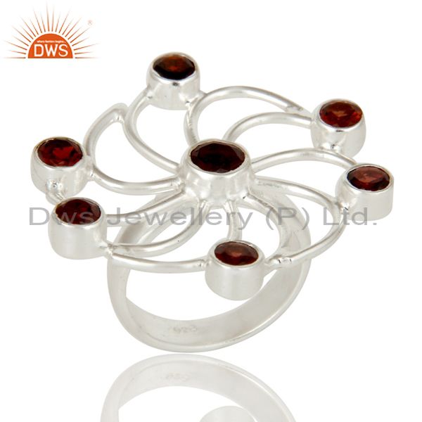 Solidl 925 Sterling Silver Flower Design Garnet Gemstone Ring