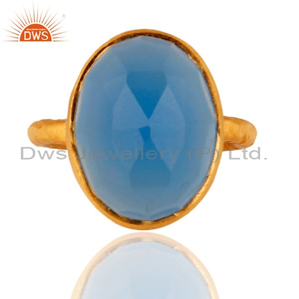 Sterling Silver Blue Chalcedony Natural Gemstone Handmade Ring - Gold Plated
