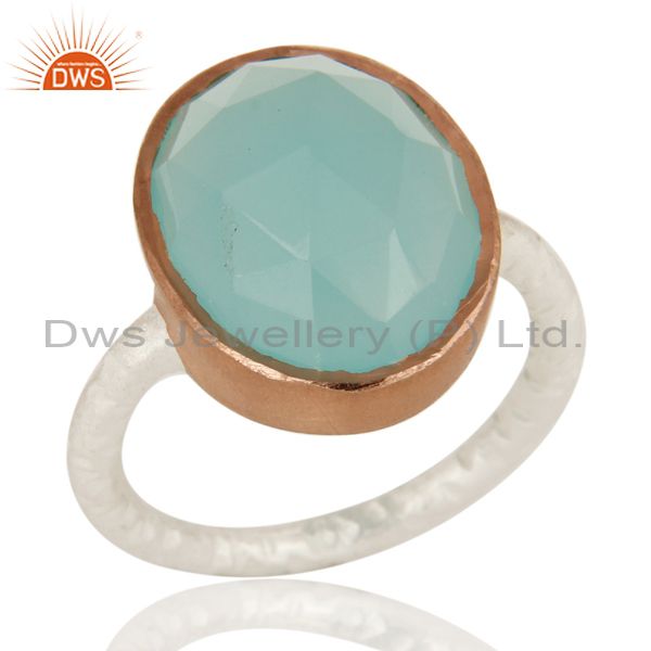 Dyed Aqua Blue Chalcedony Gemstone Sterling Silver Ring With Rose Gold Plated