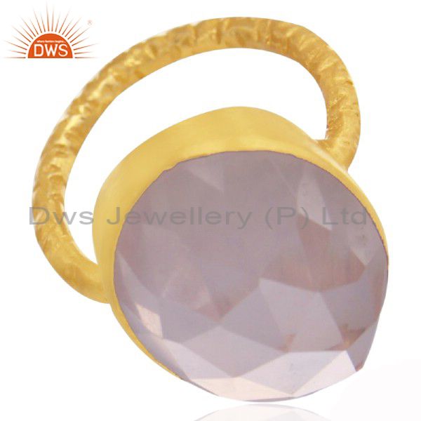 22K Yellow Gold Plated Sterling Silver Rose Quartz Hammered Stack Statement Ring