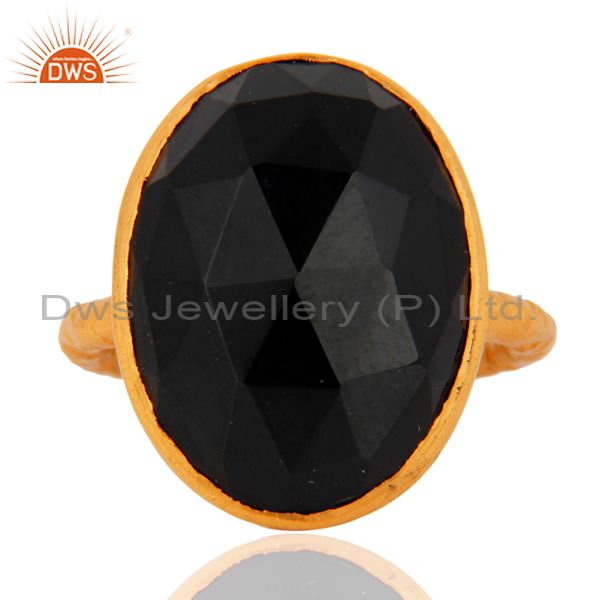 18K Yellow Gold Plated Sterling Silver Black Onyx Bezel Set Ring