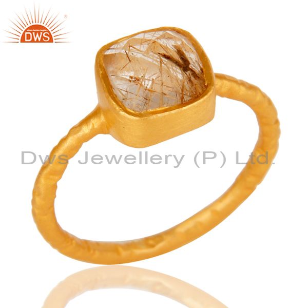 18K Yellow Gold Plated Sterling Silver Rutilated Quartz Gemstone Stackable Ring