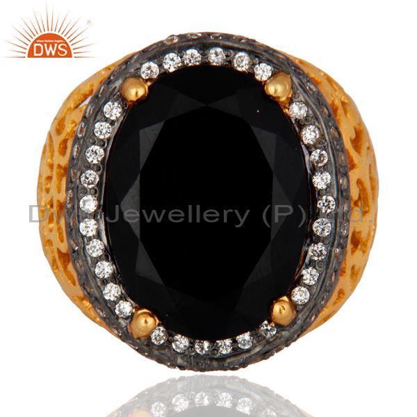 Handmade Black Onyx Ring Cz 18K Gold Plated Filigree Jewelry