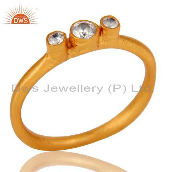18K Yellow Gold Plated Brass Three Stone Cubic Zirconia Stacking Ring
