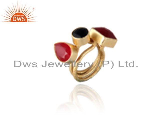 24K Yellow Gold Plated Brass Red Aventurine And Black Onyx Cocktail Ring