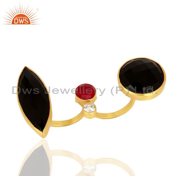 24K Yellow Gold Plated Brass Red Aventurine And Black Onyx Two Finger Ring