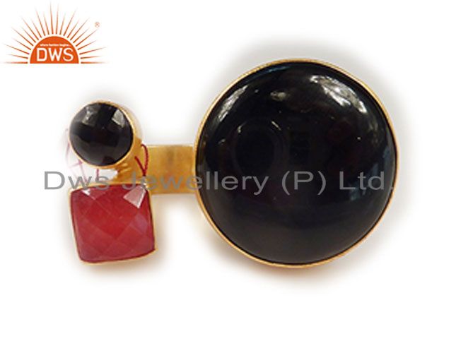 22K Yellow Gold Plated Brass Black Onyx And Red Aventurine Open Centered Ring