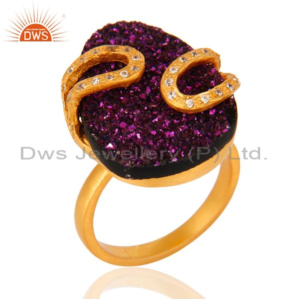 Designer 18k Yellow Gold-Plated Over Brass CZ Accent And Purple Druzy Ring