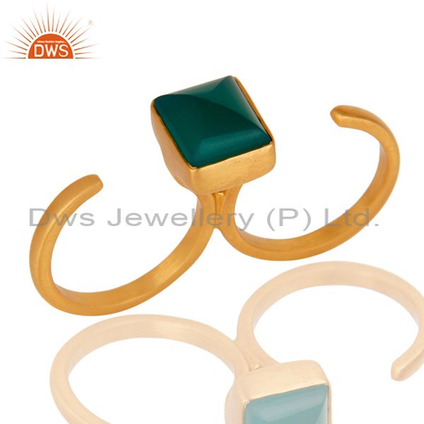 18K Yellow Gold Plated Brass Green Onyx Double Finger Open Ring