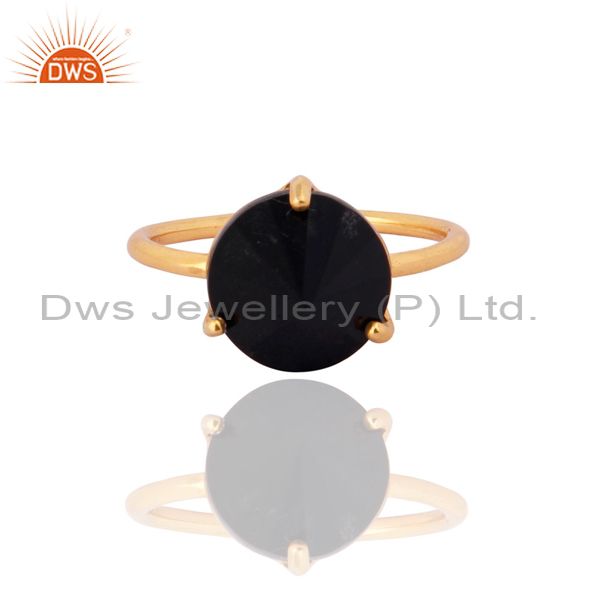 18K Yellow Gold Plated Brass Black Onyx Gemstone Prong Set Fashion Ring
