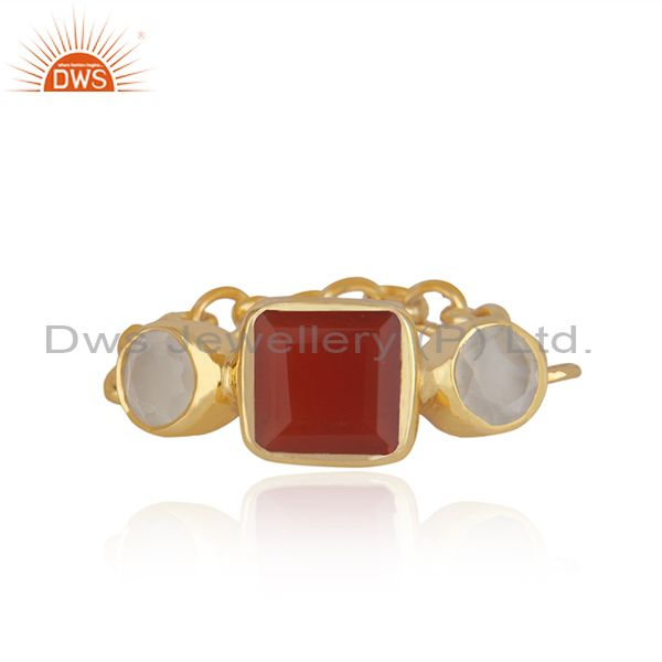 22k Gold-Plated Sterling Silver Carnelian & Chalcedony Gemstone Chain Ring