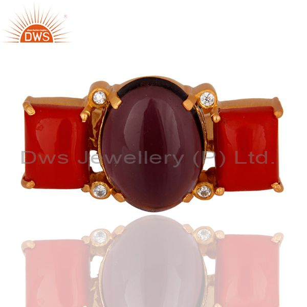 Handmade Red Coral And Hydro Amethyst Gold Plated Ring With CZ