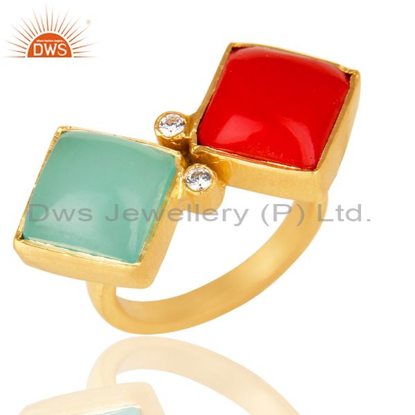 Handmade Red Coral And Aqua Blue Chalcedony Ring Made In 18K Gold Over Brass