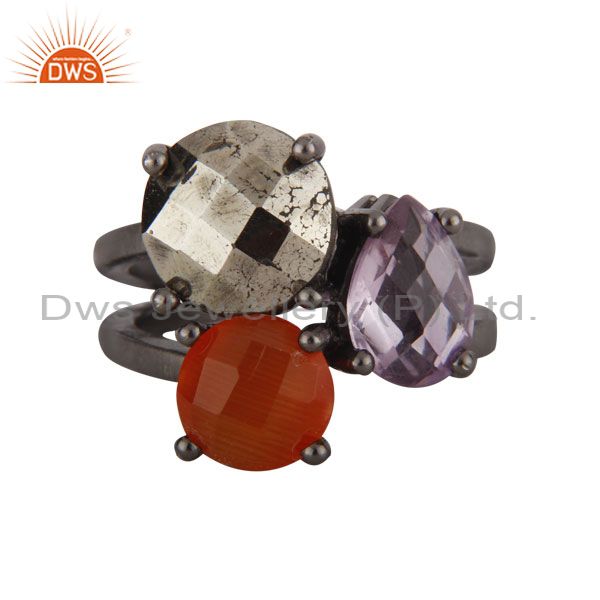 Peach Moonstone, Amethyst And Pyrite Oxidized Sterling Silver Prong Set Ring