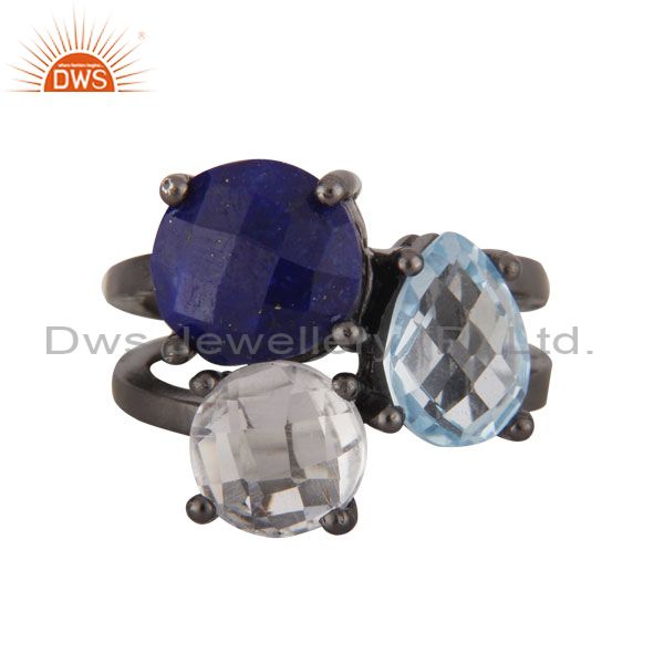 Oxidized Sterling Silver Lapis Lazuli, Crystal Quartz And Blue Topaz Prong Ring