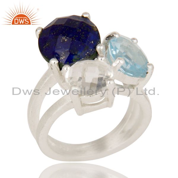 Blue Topaz, Crystal Quartz And Lapis Lazuli Cluster Ring Made In Sterling Silver