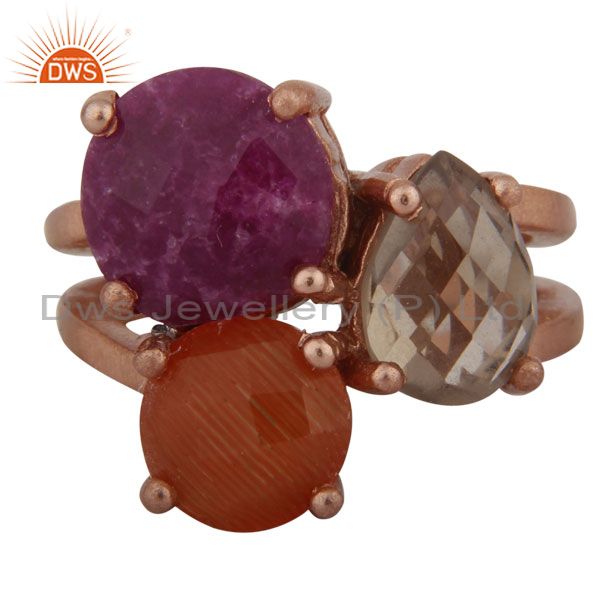 18K Rose Gold On Sterling Silver Dyed Ruby, Peach Moonstone & Smoky Quartz Ring