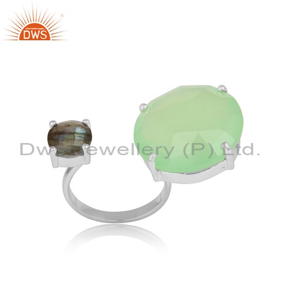 Green Chalcedony And Labradorite Prong Set Ring In Sterling Silver