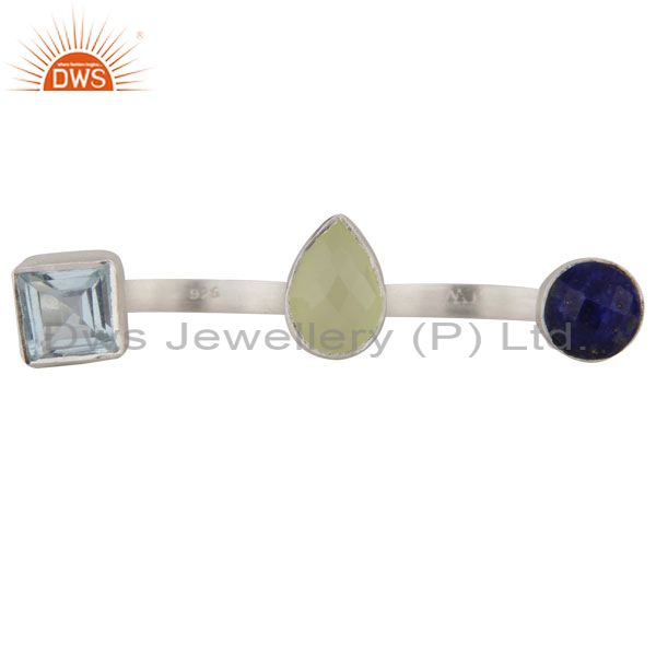 Green Chalcedony, Blue Topaz And Lapis Lazuli Triple Gemstone 925 Silver Ring