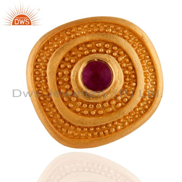 Gold Plated Sterling Silver Matte Textured Ruby Gemstone Designer Fashion Ring