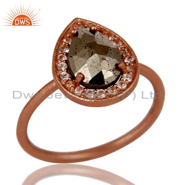 18K Rose Gold Plated Sterling Silver Pyrite And White Topaz Stackable Ring