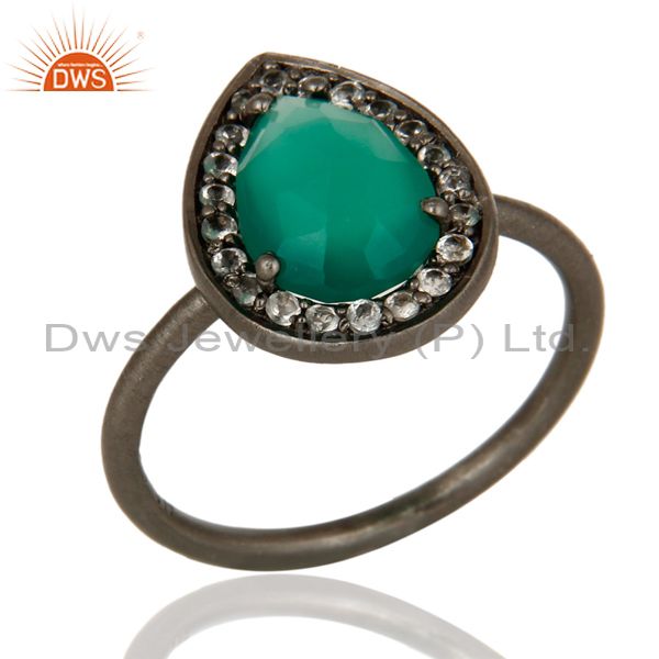 Oxidized Sterling Silver Green Onyx And White Topaz Stacking Ring