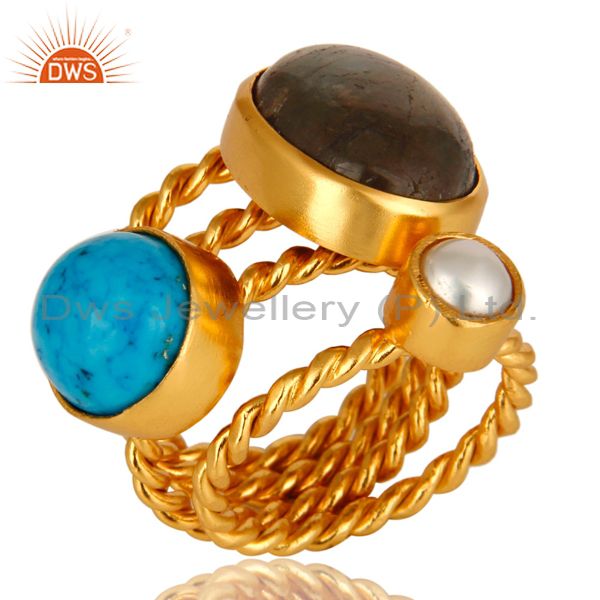 Turquoise, Labradorite And White Pearl 14K Yellow Gold Plated Ring
