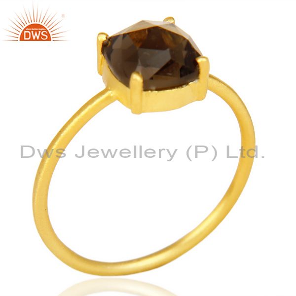 Smoky Topaz Cushion Cut 14K Gold Plated Sleek Ring In Solid Sterling Silver