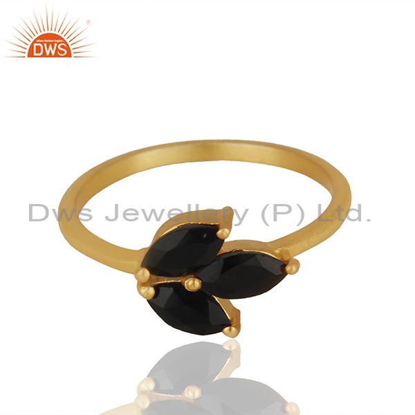 Black Onyx Prong Set Gemstone 925 Silver Gold Plated Women Rings