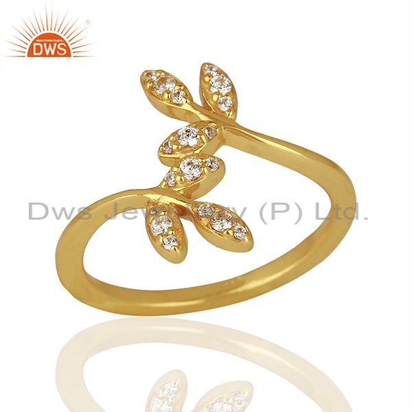 Leaf Design Gold Plated 925 Silver CZ Engagement Ring Jewelry Supplier
