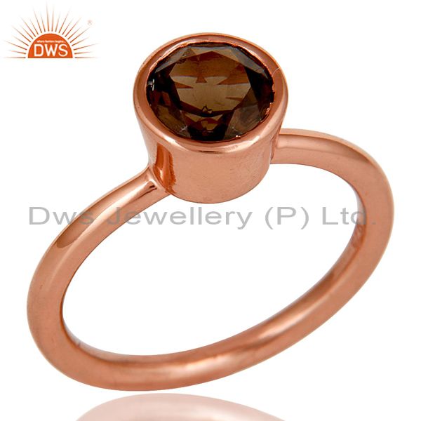 18K Rose Gold Plated Sterling Silver Handmade Round Smokey Topaz Stackable Ring