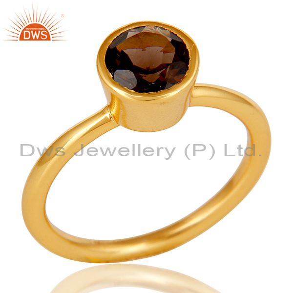 18K Gold Plated Sterling Silver Handmade Round Cut Smokey Topaz Stackable Ring