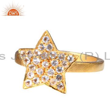 18K Yellow Gold Plated Sterling Silver White Topaz Star Design Cocktail Ring
