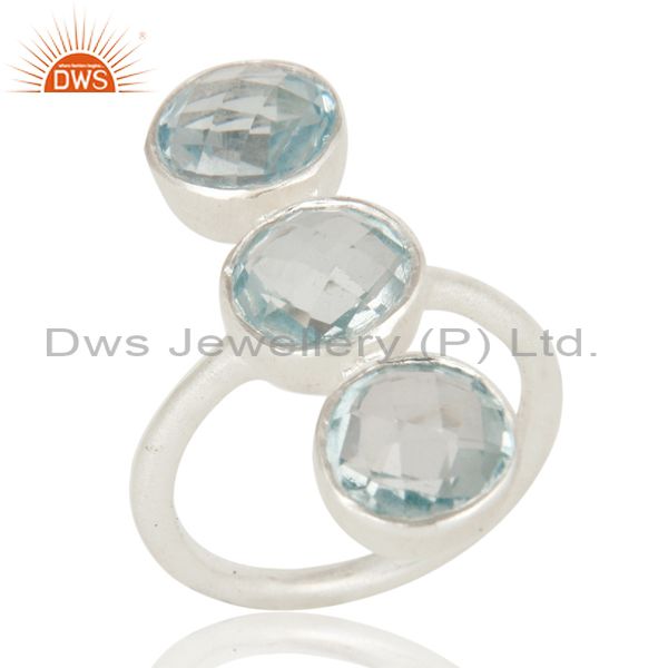 925 Sterling Silver Natural Blue Topaz Gemstone Three Stone Statement Ring