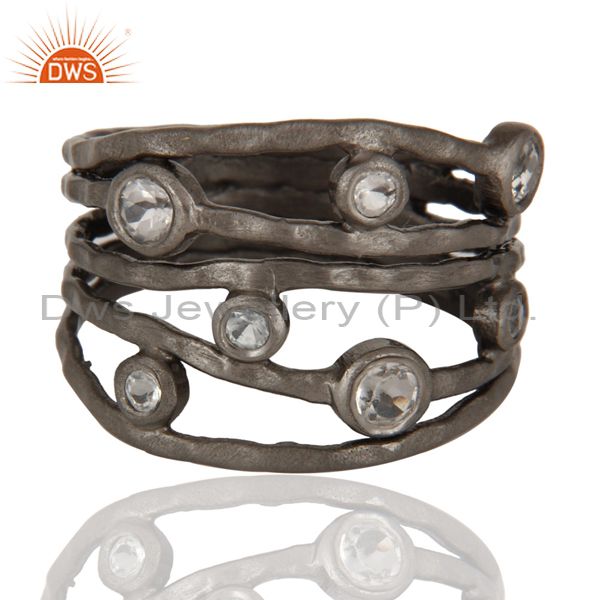 Hammered Oxidized Silver White Topaz Stack Multi Bands Ring