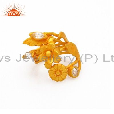 18K Yellow Gold Plated Sterling Silver White Topaz Floral Design Statement Ring