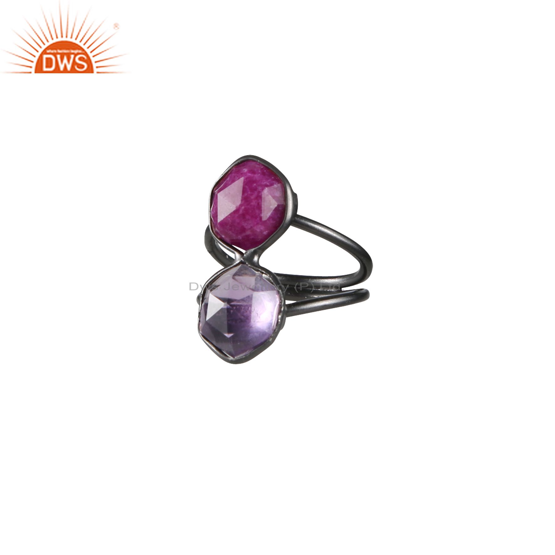 Oxidized Sterling Silver Amethyst And Dyed Ruby Split Shank Statement Ring