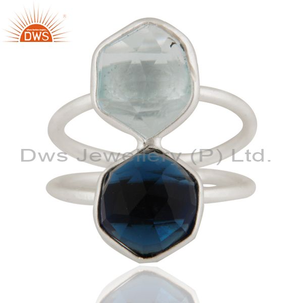 925 Sterling Silver Blue Corundum And Blue Topaz Bezel-Set Ring